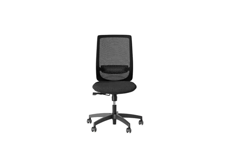 Viggo, sedia ergonomica ufficio 8 ore in versione senza braccioli, con schienale medio in rete nero, sedile imbottito nero e base a cinque razze in nylon nero, vista frontale
