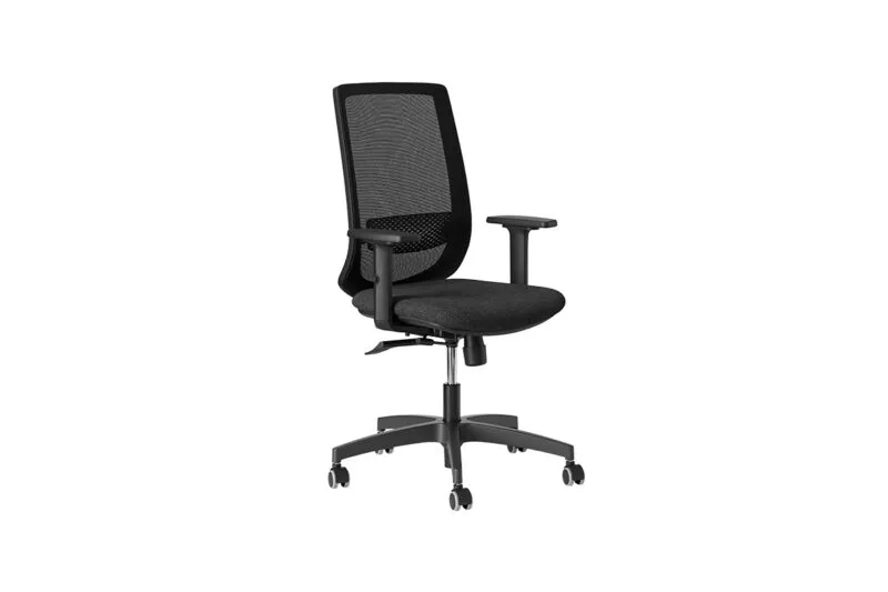 Viggo, sedia ergonomica ufficio 8 ore con schienale in rete nero, braccioli regolabili in altezza e base a cinque razze in nylon nero, vista di tre quarti